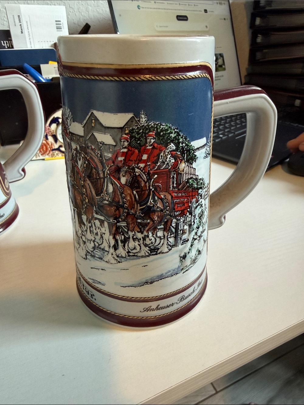 Holiday Clydesdale Ceramic Beer Stein - White and Blue